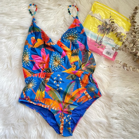 FARM Rio One Piece Swimsuit NWT Macaw Party in Party Blue Tropical Print Large - Picture 5 of 16